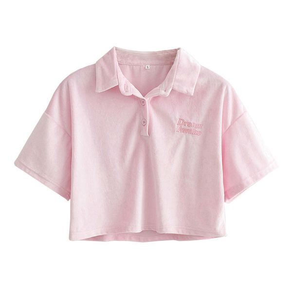 

fashion pink short sleeve shirts autumn women solid velvet blouse turn-down collar crop blouses 210430, White