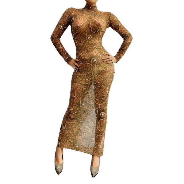 

casual dresses luxury floral crystal mesh see through evening party long dress women prom bodycon rhinestone singer stage clothes, Black;gray