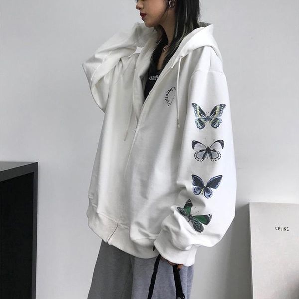 

women's hoodies & sweatshirts women loose hooded butterfly letter print long sleeve zipper coat with drawstring jacket outerwear autumn, Black