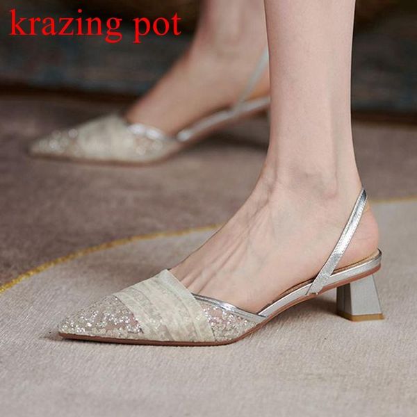 

dress shoes krazing pot vintage bling air mesh silver color slingback med heels casual career lady shallow elegant ins women pumps l44, Black