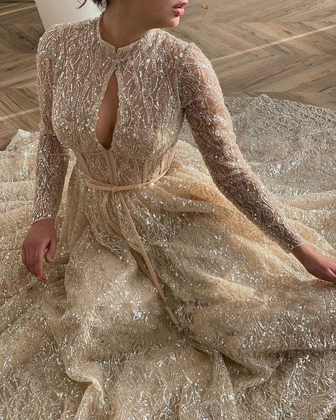 

party dresses 2021 champagne lace glitter a line prom long sleeves high neck corset sparkly with pockets evening gowns, White;black