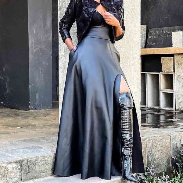

side split pu leather women skirt fashion back zipper irregular faux solid color black long