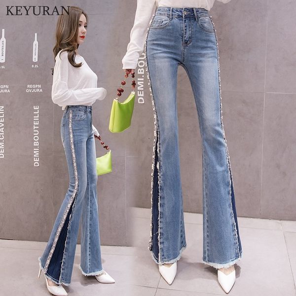 

women's jeans mom blue high waist flare boyfriend bottom denim skinny woman's female beading wide leg vintage plus size 2xl hru8
