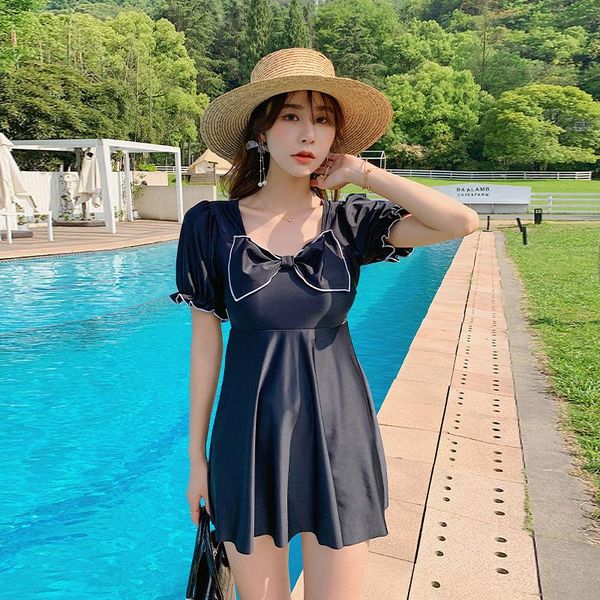 

one-piece suits plus size m-5xl swimwear bowknot bandage bathsuit short sleeve swimdress solid swimsuit summer bathers beach swim wear pad