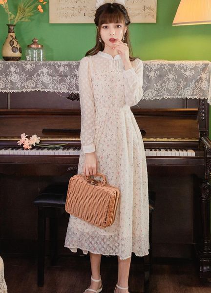 

fashion women's clothing autumn mandarin collar print full vintage dresses for women dress casual, Black;gray