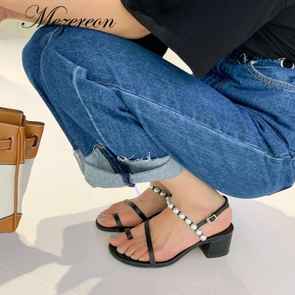 

sandals 2021 genuine leather pearl beading square heels pumps with buckle womens sandalias de verano para mujer, Black