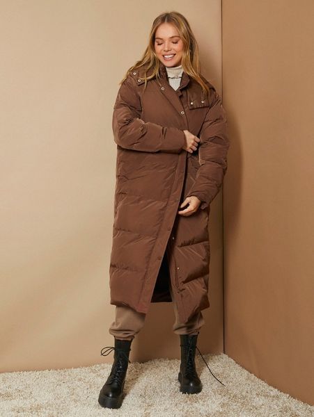 

button side longline hooded puffer coat c5b2#, Black