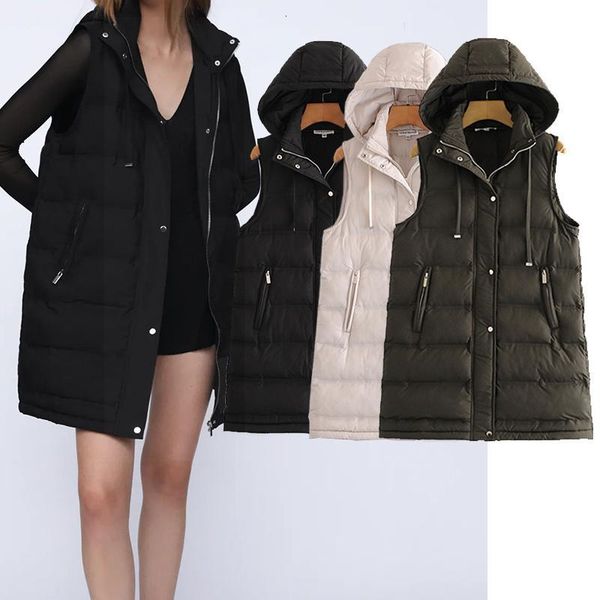 

women's vests women fashion 3 color vest coat zipper hooded long jackets cotton clothes female outerwear chic ddoc, Black;white