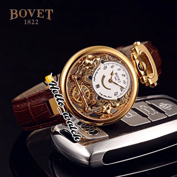 40 мм Bovet 1822 Tourbillon Amadeo Fleurie Часы Кварцевые мужские часы Корпус из желтого золота Скелетонный циферблат Коричневый кожаный ремешок HWBT Hello_Watch