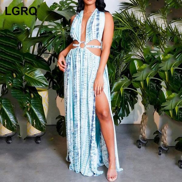 

casual dresses [lgrq] women blue print bandage backless split dress v-neck sleeveless fit fashion tide spring summer 2021 19d1739, Black;gray