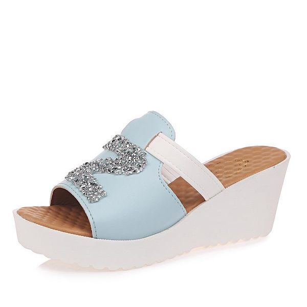 

slippers mxhy2021 summer sweet wedge with letters rhinestone sandals large size student high-heeled female women, Black