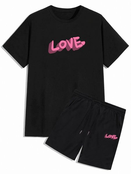 

romwe guys letter heart graphic tee & drawstring shorts e0q9#, Gray