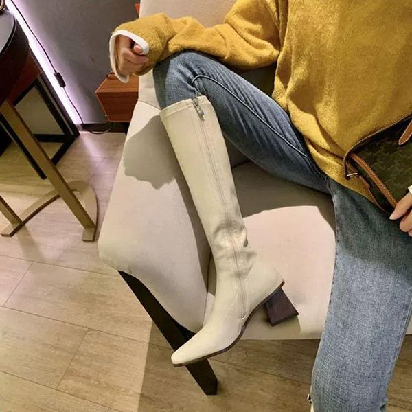

boots 2022 knee high pointed toe zipper long winter keep warm square heel women shoes big size 34-40, Black