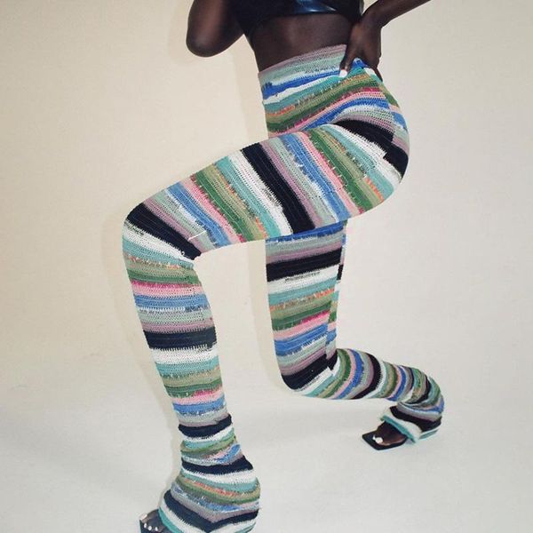 

women's pants & capris contrasting color knitted striped layered leggings street trousers women 2021 autumn hip hop super long bottoms, Black;white