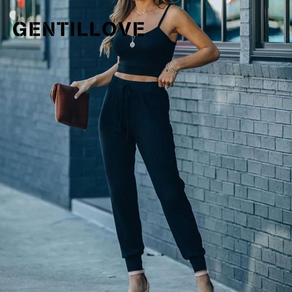 

gentillove women summer 2021 two pieces set elastic waist long pants lace up casual solid screw thread tank tracksuit women's piece, White