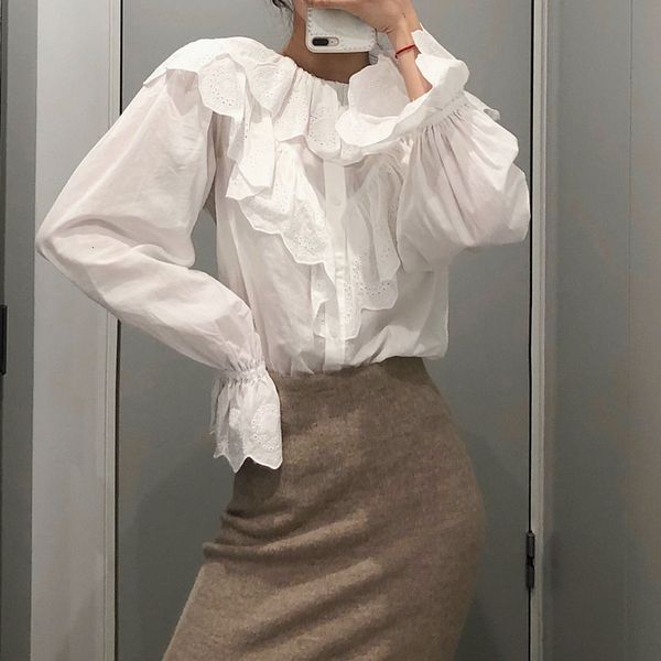 

suit women white peter pan collar blouse embroidery ruffles long sleeve early autumn female shirts, White;black