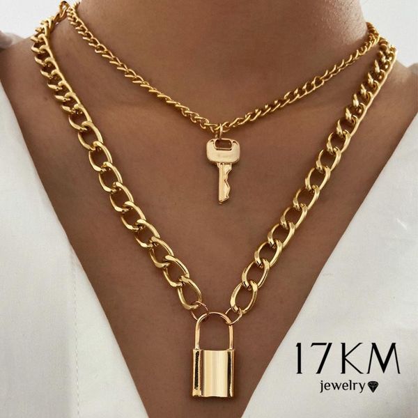 

pendant necklaces trendy key lock necklace for women men punk big chunky chain multilayed jewelry party, Silver