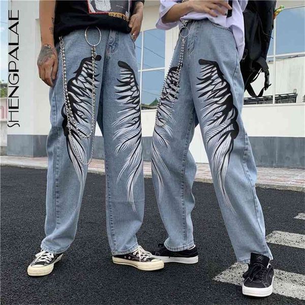 

spring casual jeans woman long trousers cowboy female loose streetwear wings pattern pants za5198 210427, Blue