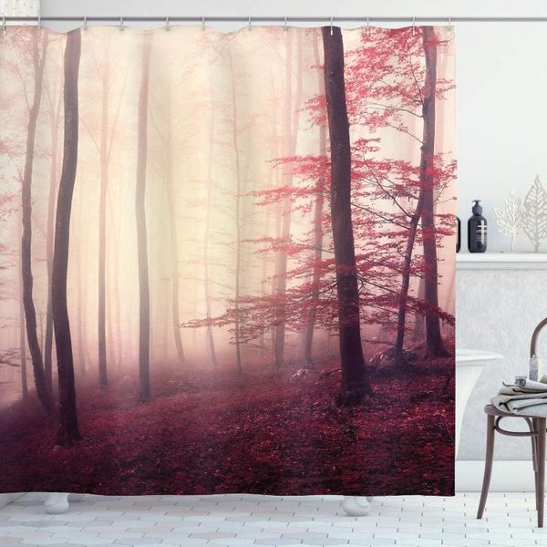 

shower curtains woodland curtain fantasy marsala color foggy forest jungle dreamy wilderness woods sunlight bathroom with hooks