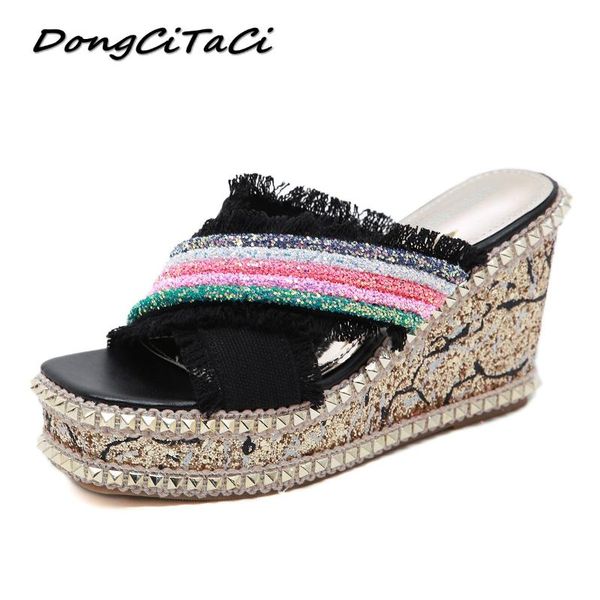 

dongcitaci summer women platforms sandals shoes woman fashion rivets bling rainbow thick muffin bottom wedge high heels, Black