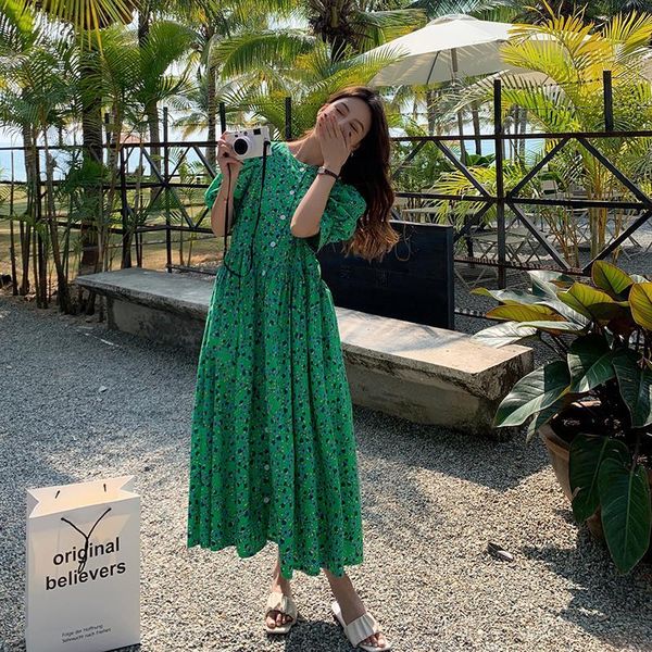 

summer fashion plus size ladies floral green mixi dress oversized loose single breasted short sleeve female vestidos 210514, Black;gray