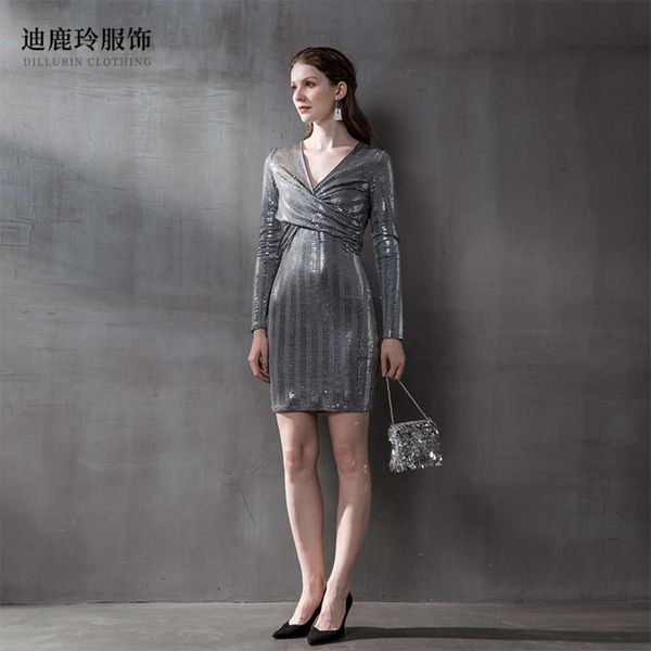 

women's summer party heavy industry sequin v-neck hip dress, Black;gray