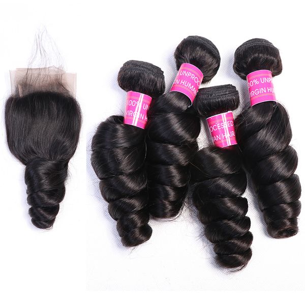 

wholesale loose wave hair 4 bundles with lace closure 4x4 unprocessed natural 1b color remy human bundles loose wave hair extensions, Black