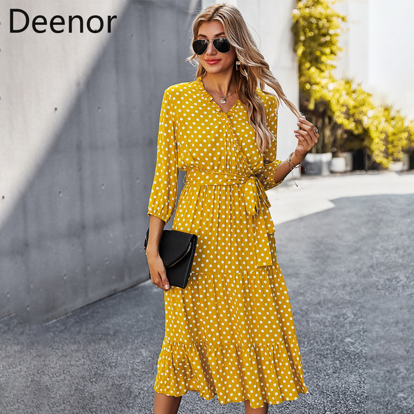 

deenor summer vintage women dresses polka dot print v neck bandage elegant midi dress boho beach party clothing 2021 vestidos, Black;gray