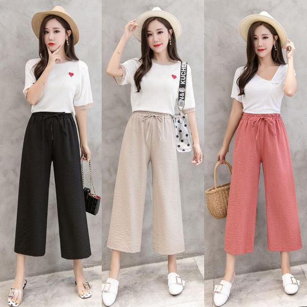 

college wind cotton and linen wide-leg pants 2021 spring summer loose high-waist nine-point casual women women's & capris, Black;white