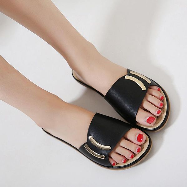 

slippers women woman shoes 2021 summer women's metal flats female fashion slip on beach comfortable open toe footwear plus size, Black