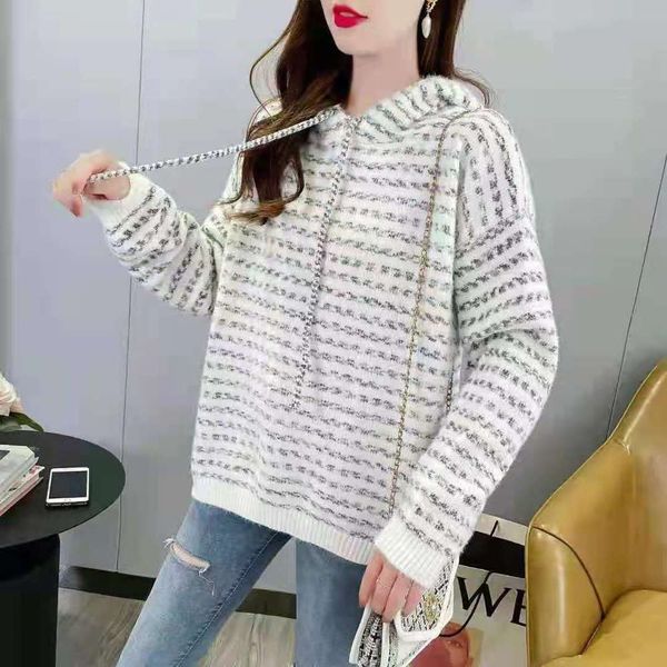

autumn and winter striped hoodie loose sweater casual thickened, White;black