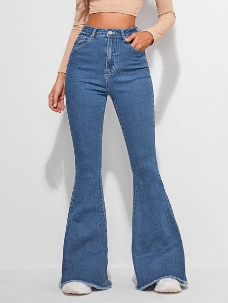 

high waist raw hem flare leg jeans c1pz#, Blue