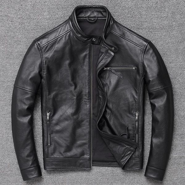 

men's leather & faux men 2021 autumn winter genuine cow coats male bomber motorcycle biker jackets man's short real outwear w635, Black