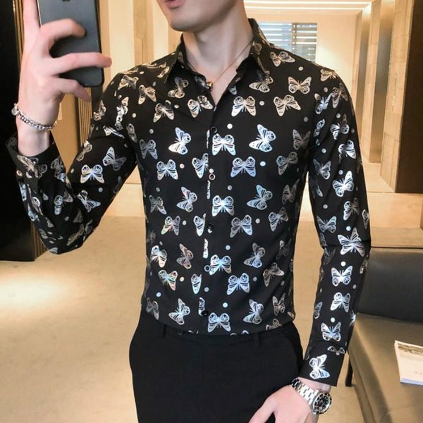 

butterfly print mens shirt fashion long sleeve slim fit casual 2021 autumn male business dress clothing camisa masculina shirts, White;black