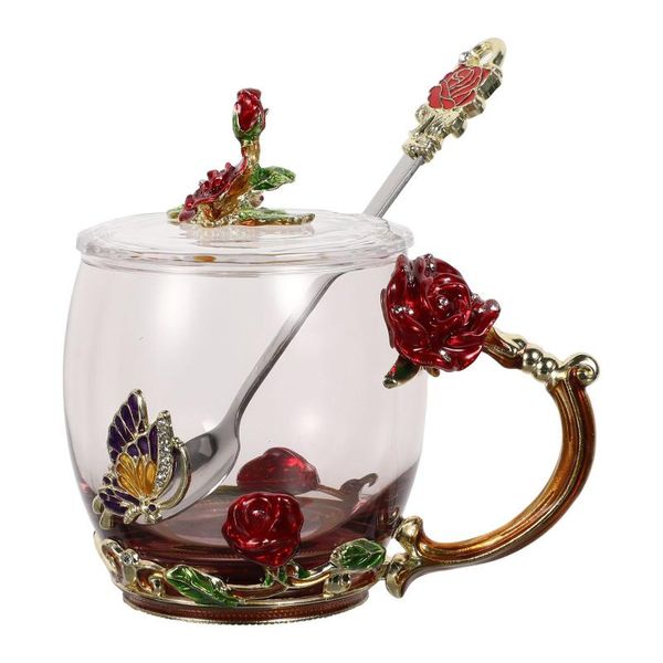 

mugs 1 set tea cup glass coffee enamel rose flower drinking cups with lid spoon