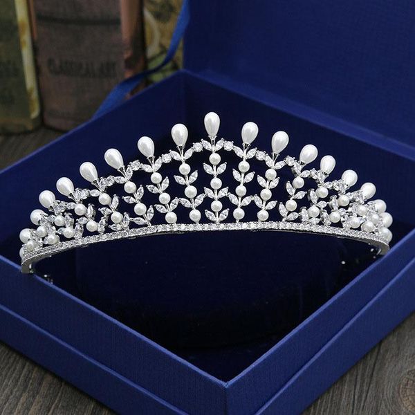 

hair clips & barrettes slbridal gorgeous clear cubic zircon pearls wedding tiara cz bridal queen princess pageant party crown accessories wo, Golden;silver