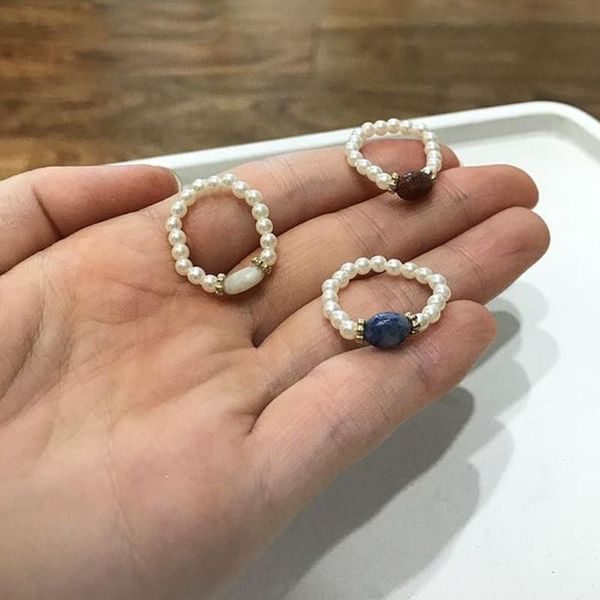 

cluster rings 2021 design for women simple simulated pearl beads finger knuckle elastic adjustable fashion jewelry 3 colors, Golden;silver