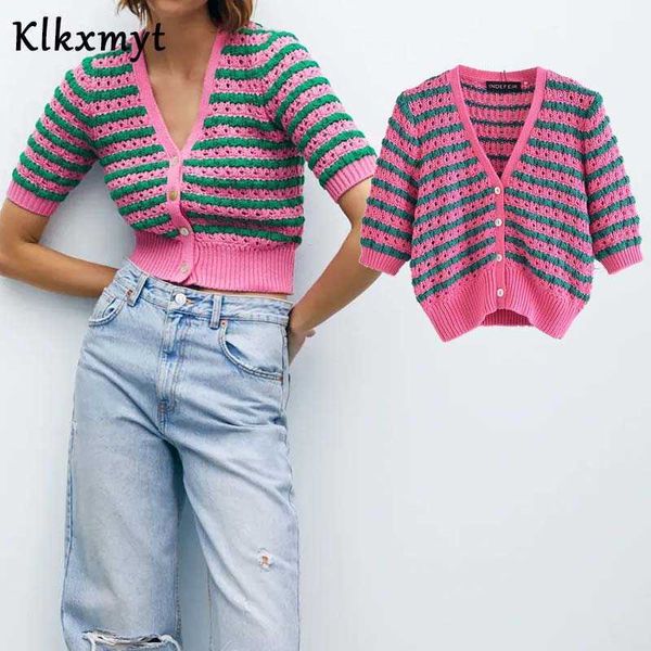 

klkxmyt za women fashion v neck color matching striped hollow out crochet knitted sweater female chic cardigans 210527, White