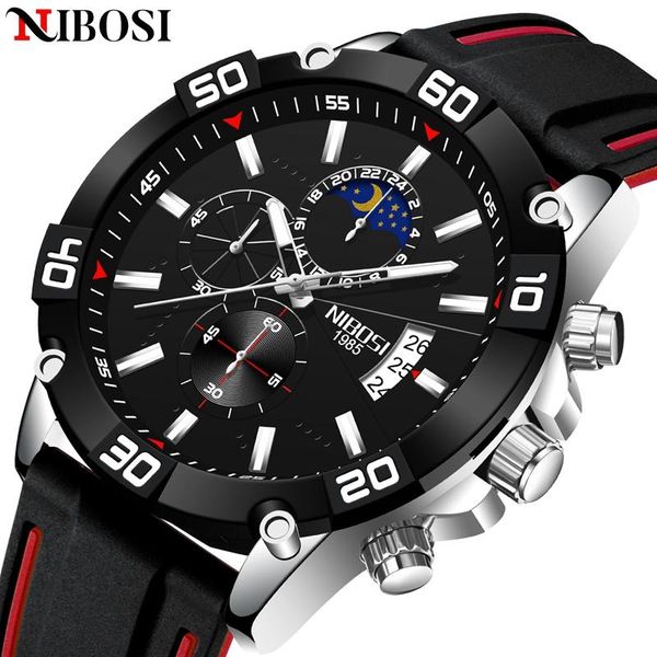 

wristwatches nibosi waterproof men's watches watch men 2021 leather big dial calendar sport wristwatch male chronograph, Slivery;brown
