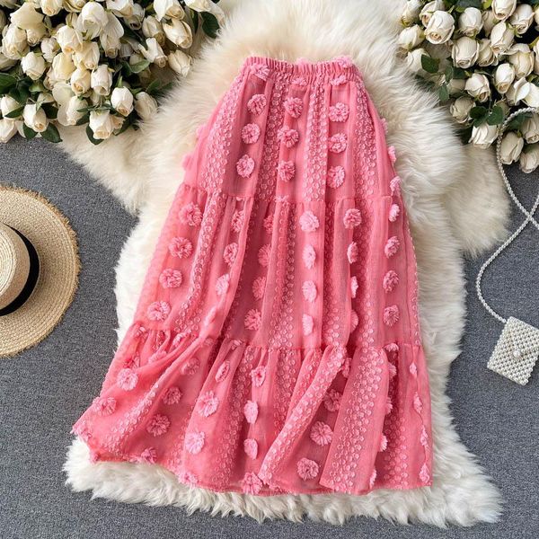 

gentle women sweet 3d flower skirts woman long pleated girls for, Black