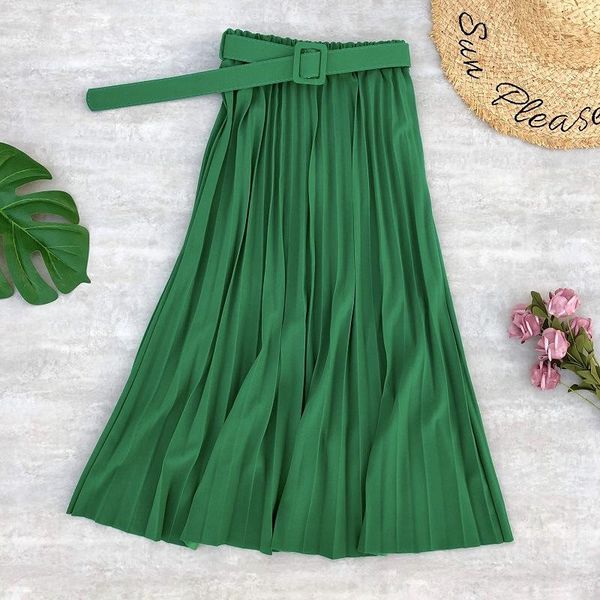 

skirts spring summer thick chiffon long pleated solid color candy lush drape a-line calf red yellow pink blue green, Black