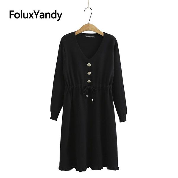 

knitted dress v-neck vestidos women plus size xxxl casual spring autumn long sleeve midi black kkfy5134 dresses, Black;gray
