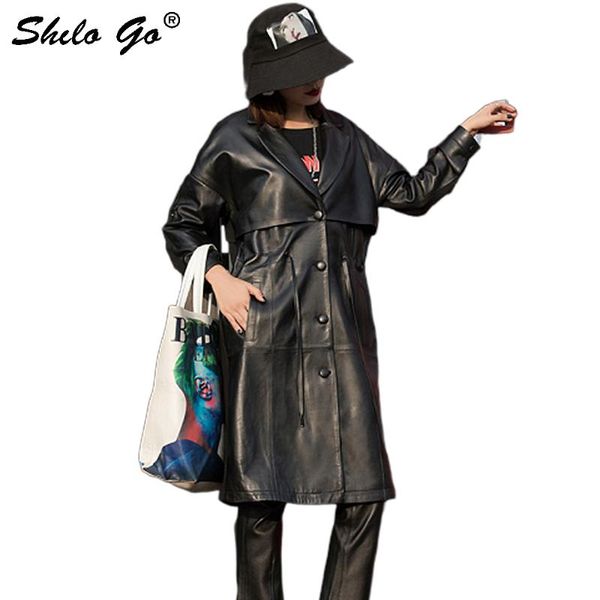 

women's trench coats streetwear leather women suit style single breasted sheepskin genuine long a line coat office lady female, Tan;black