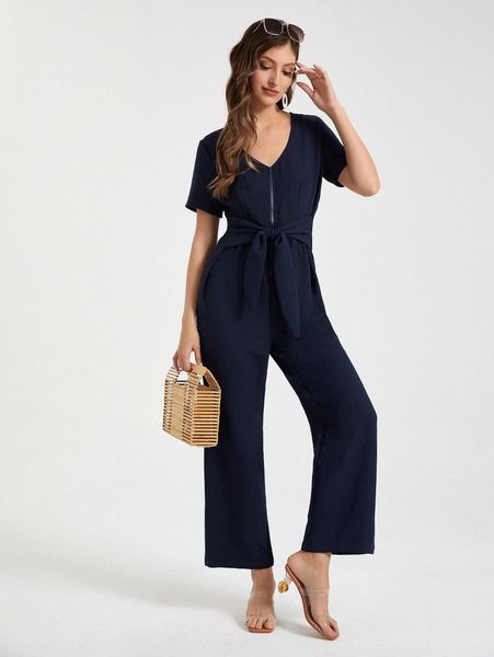 

half zip knot front jumpsuit c4qc#, White