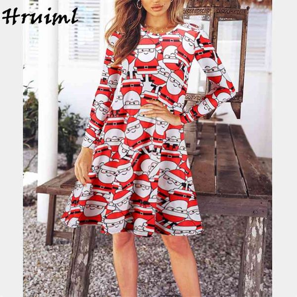 

long sleeve woman dress christmas print fashion round neck female midi casual autumn party plus size roupas 210513, Black;gray
