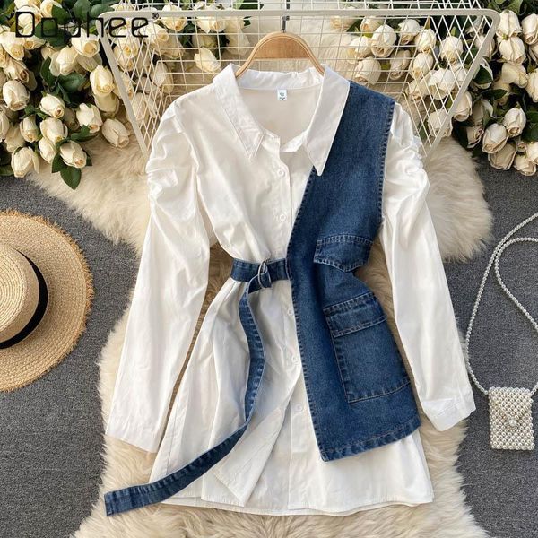 

spring solid color women's puff sleeve white shirt all-matching denim waistcoat vest two-piece suit female blouse blouses & shirts