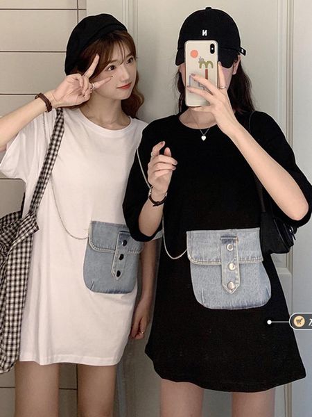 

women's t-shirt short-sleeved women 2021 summer korean design sense stitching denim pocket long top, White