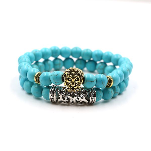 

2 piece strands lava stone lion head bead bracelet set for men and women adjustable 8mm beads, Black
