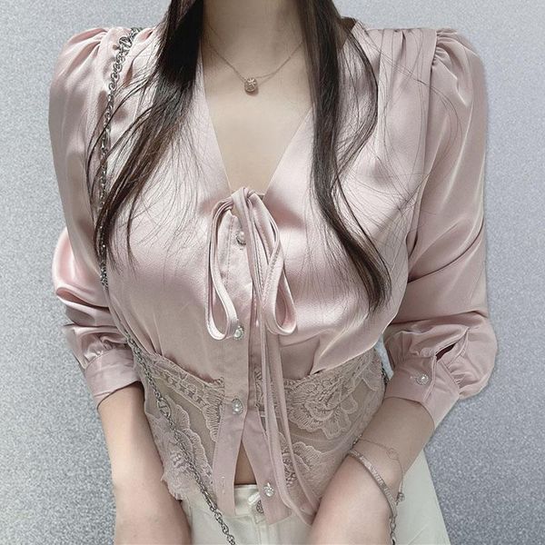 

women's blouses & shirts vintage women blouse long sleeve shirt crop woman blusas french chic 2022 elegant drawstring lace ins, White
