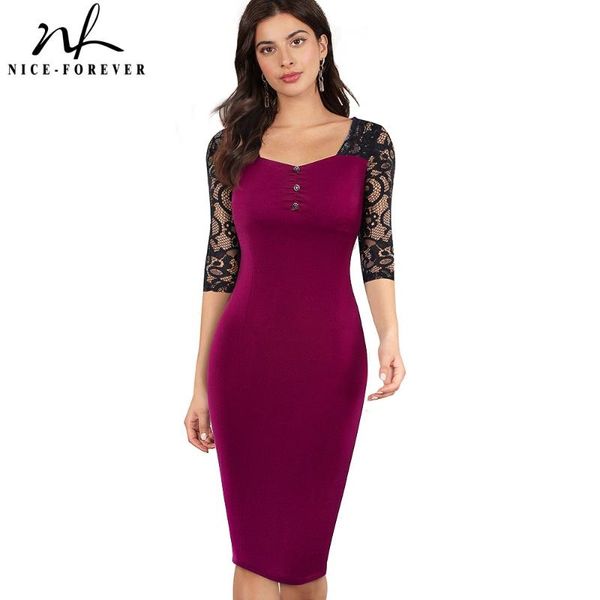 

nice-forever autumn women elegant black lace patchwork vintage dresses cocktail party sheath slim dress btyb486 casual, Black;gray